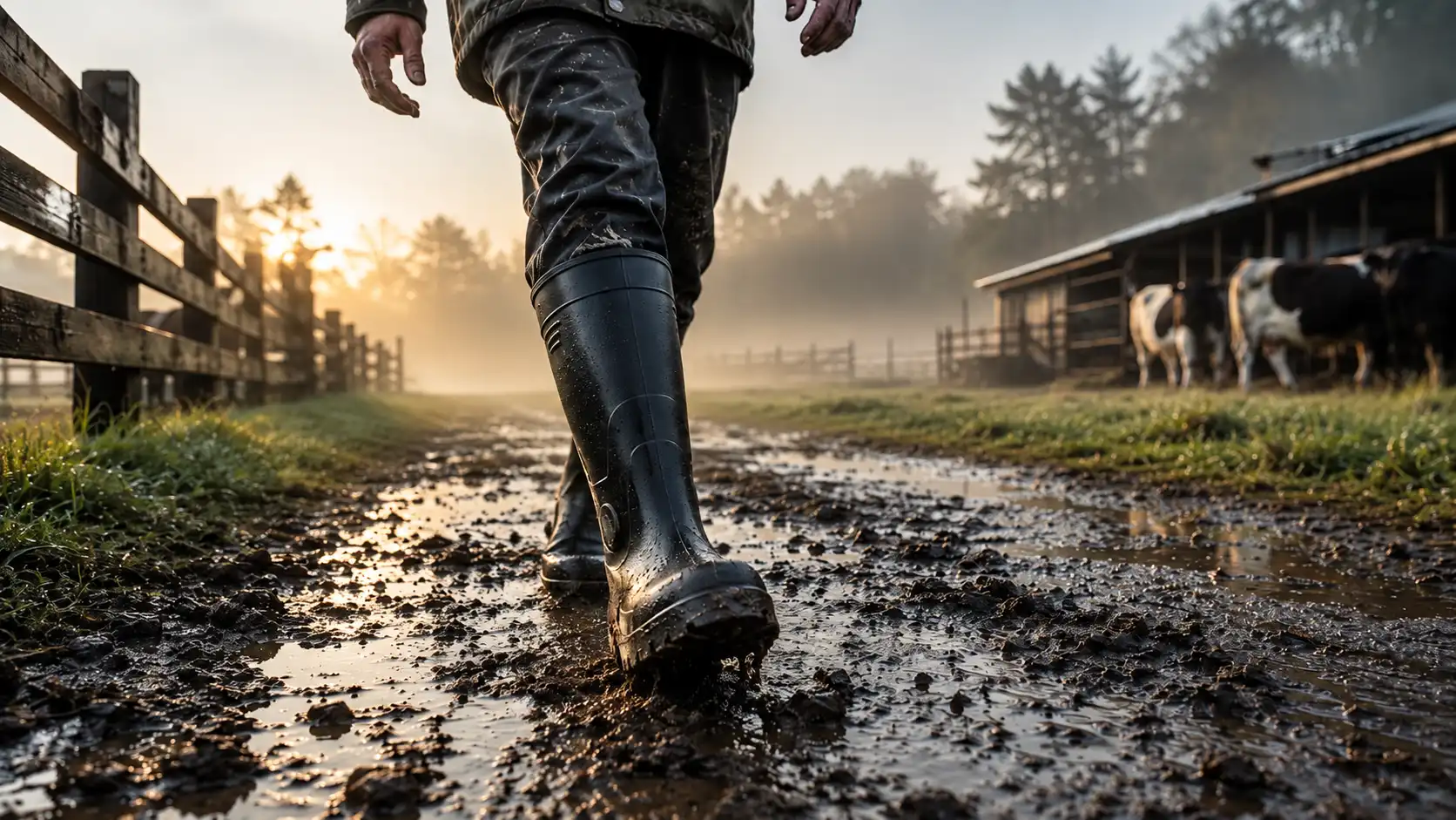 Black PVC waterproof rain boots walking through a muddy farm environment