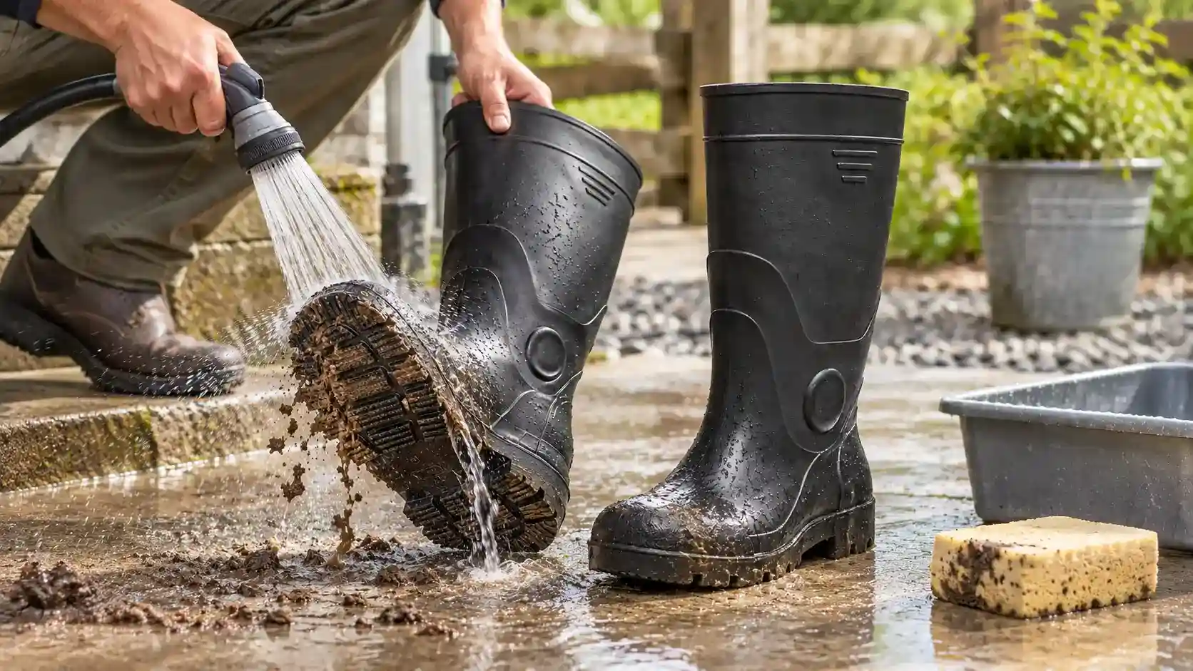 PVC rain boots being rinsed after muddy outdoor work