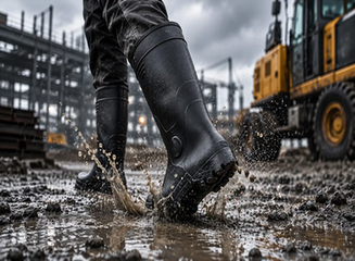 Black waterproof PVC rain boots worn on wet and muddy ground during heavy rain