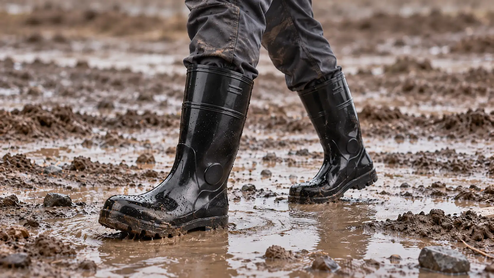A man wearing waterproof steel toe rain boots on a wet muddy site